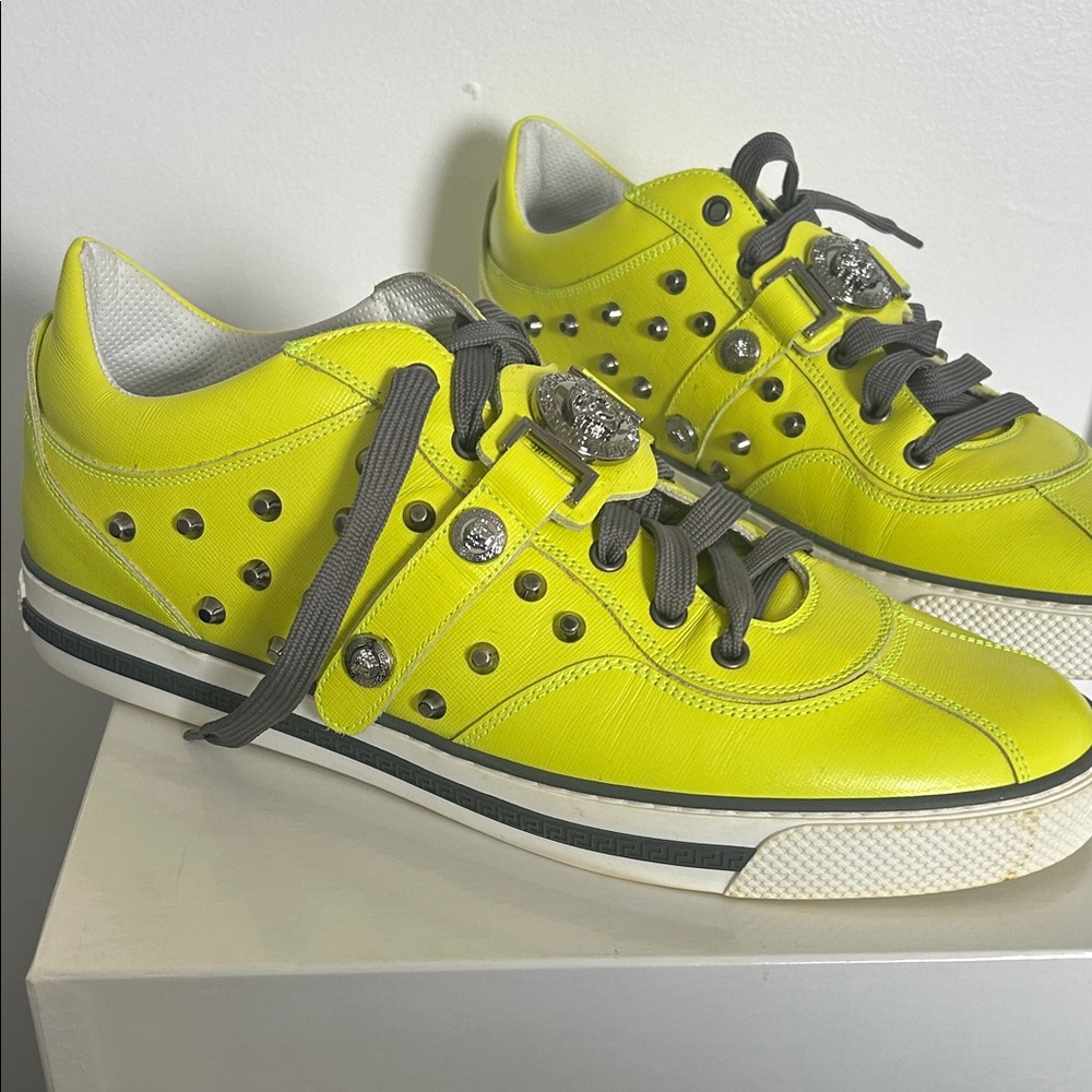 Versace Neon Yellow Studded Sneaker with Gunmetal Accents - Picture 3 of 11